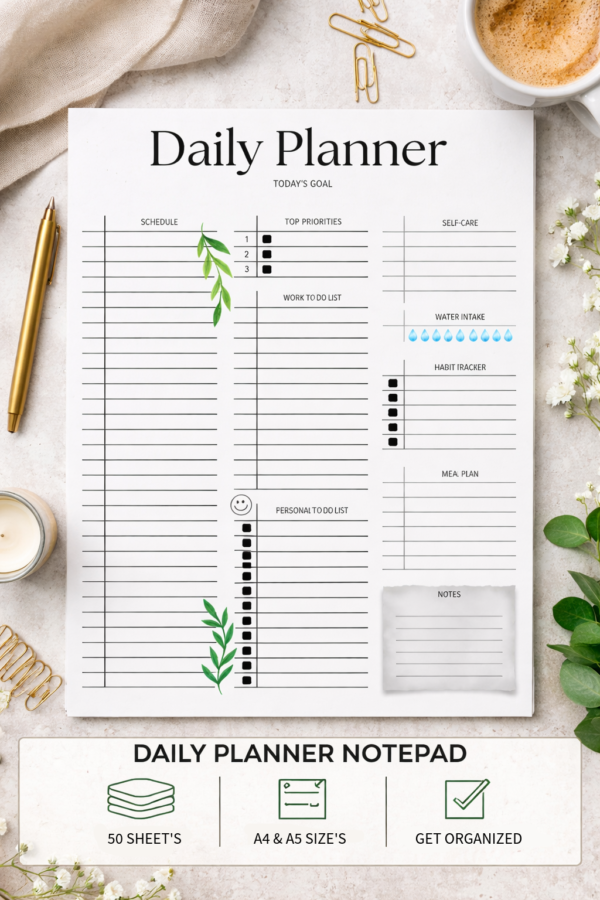 daily planner organizer pad productivity journal for work & home undated schedule book with habit tracker, water intake & notes floral design to do list